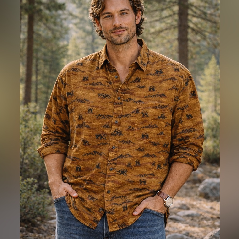 NWT Duluth Trading Co. Mustard Brown Bear-Print Button-Up Shirt /Untucked Length
